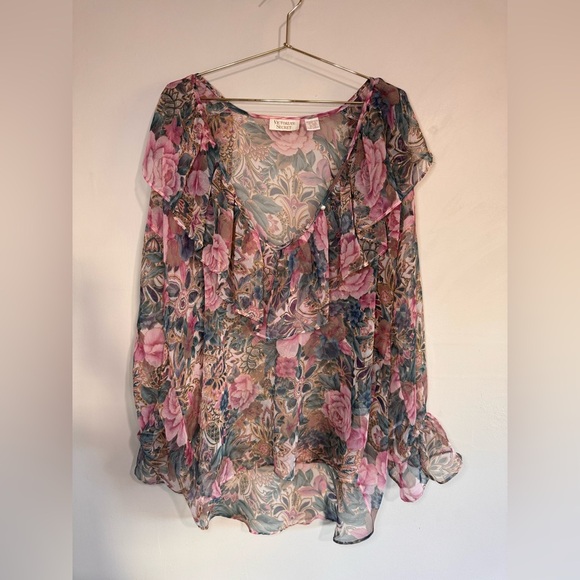 Victoria's Secret Tops - Vintage Gold Tag Victoria's Secret Floral Sheer Ruffle Poet Blouse Top w/Pearl